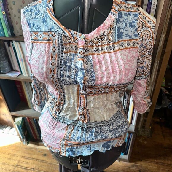 Daniel Rainn patchwork accordion boho M peasant blouse - Picture 1 of 3